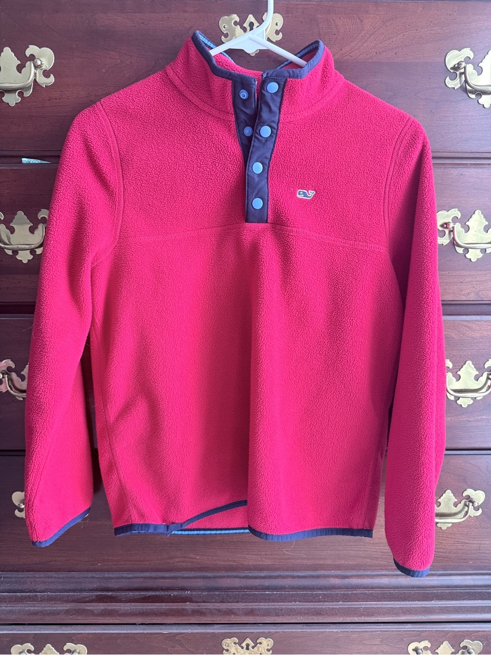 Vineyard Vines Red kids Half-Snap Fleece Pullover with Navy Trim